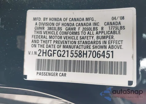 2008 Honda Civic Si z USA, uszkodzony, nr VIN 2HGFG21558H706451